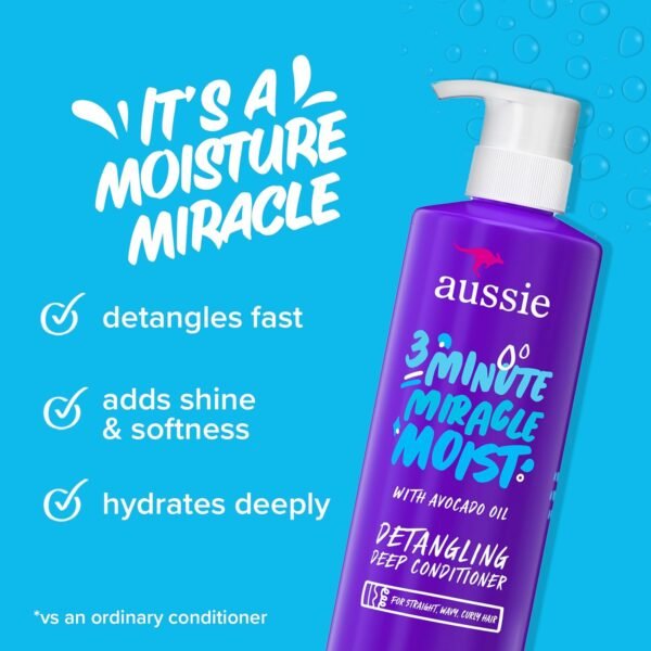 Aussie 3 Minute Miracle Moist Deep Conditioner for Dry Hair, Avocado & Jojoba Oil, Safe for Color Treated Hair, Nourishing Hydration, Silky Shine, Paraben-Free, 16 Fl Oz Each, Triple Pack - Image 3