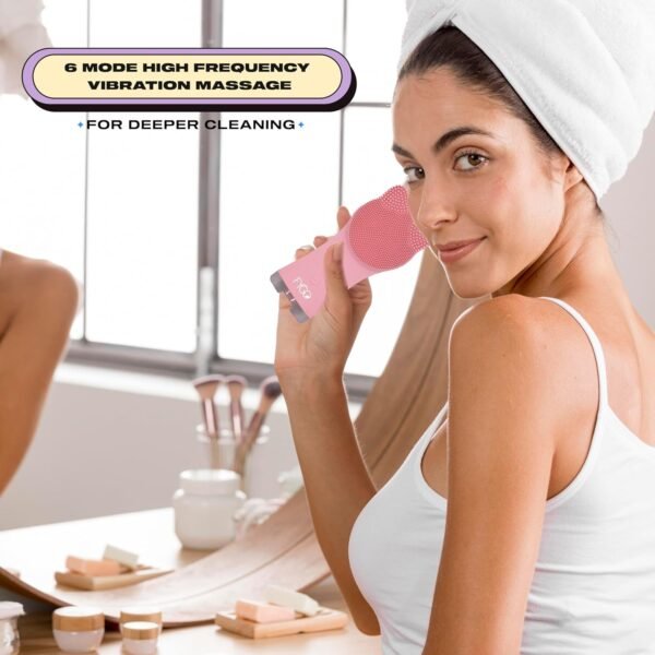 Facial Cleansing Brush - Rechargeable Electric Facial Scrubber & Exfoliator - Waterproof Soft Silicone Brush for Deep Cleaning & Exfoliating - 6 Mode Vibrating & Massaging Face Wash Brush - Pink - Image 3