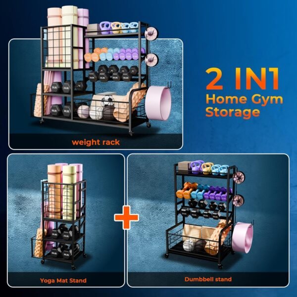Bonvork XXL Dumbbell Rack Weight Stand Adjustable Heavy Duty Weight Rack for Dumbbells, Home Gym Storage Rack for Kettlebell, Balls,Yoga Mat Holder, Workout Equipment Storage Organizer with Wheels - Image 6