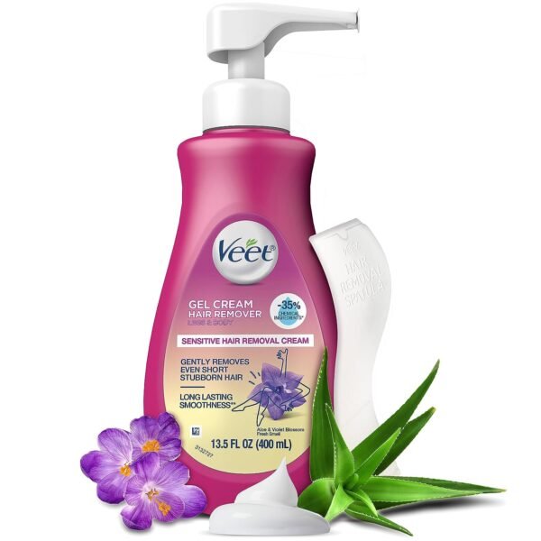 VEET Sensitive Skin Hair Removal Cream For Women, Painless Bikini Hair Removal Gel, Dermatologically Tested Depilatory Cream For Bikini Line, Legs, Arms, Underarms, 13.5 FL OZ Pump Bottle with Tool - Image 2