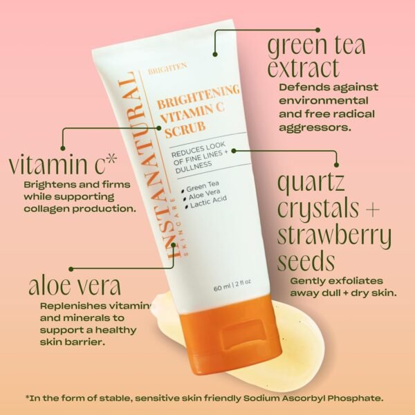 InstaNatural Brightening Vitamin C Face Scrub, Gently Exfoliates and Refines for Smooth Skin, Minimizes Lines + Wrinkles, with Green Tea and Aloe Vera, 2 Fl Oz - Image 4