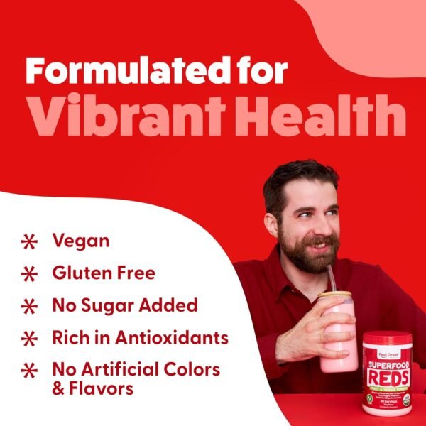 ​Feel Great Organic Superfood Reds Powder Packed with Beet Root Powder | Digestive Support Including Bloating Relief | Fruit and Veggie Polyphenols Supplement. - Image 6