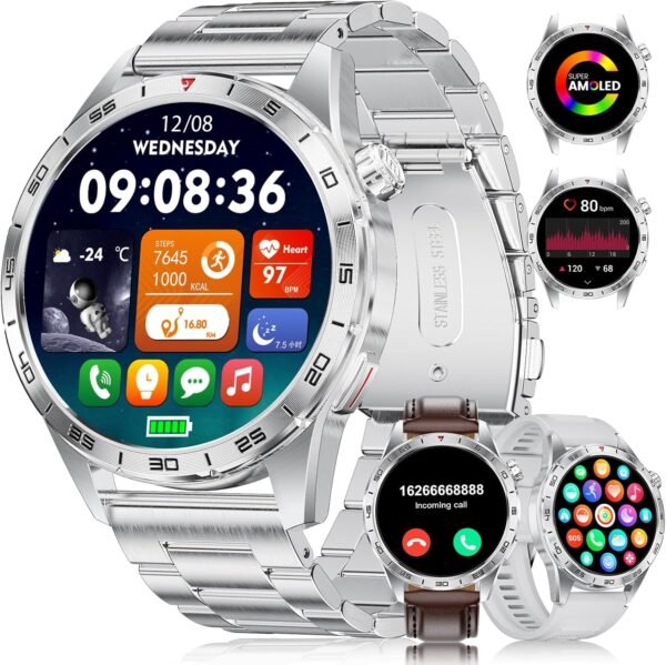 Smart Watch for Men (3 Straps),Answer/Make Calls,1.43'' AMOLED,IP68 Waterproof,110+ Sports Modes Fitness Watch with Sleep Monitor/SpO2/Heart Rate/Pedometer Rugged Smart Watch for Android/iOS Silver - Image 2