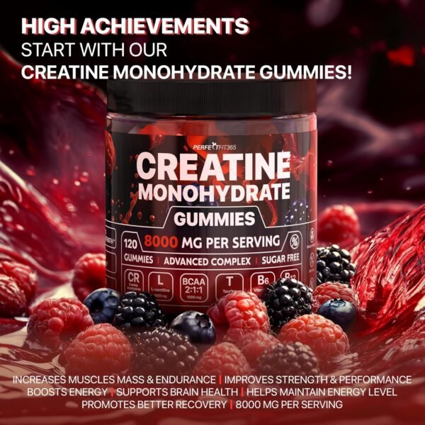 Creatine Monohydrate Gummies Complex 8000mg with L-Carnitine & Taurine, Flavored Creatine for Women and Men with Raspberry, Blueberry & Blackberry Taste, Pre Workout Gummies for Men and Women - 120pcs - Image 3