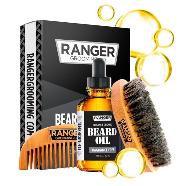 Beard Kit by Ranger Grooming Company by Leven Rose, 100% Organic Natural Fragrance Free Unscented Beard Oil, Boar Bristle Beard Brush, Natural Wood Comb Beard Care Starter Set for Men - Image 2