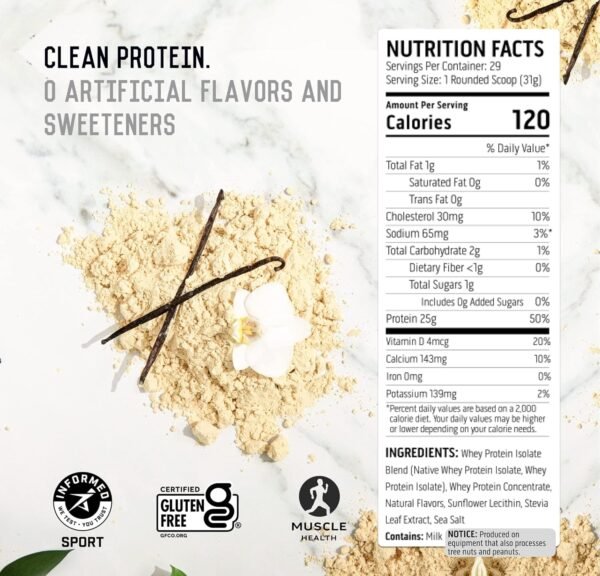 Ascent 100% Whey Protein Powder - Post Workout Whey Protein Isolate, Zero Artificial Flavors & Sweeteners, Soy & Gluten Free, 5.5g BCAA, 2.6g Leucine, Essential Amino Acids, Vanilla Bean 2 lb - Image 6