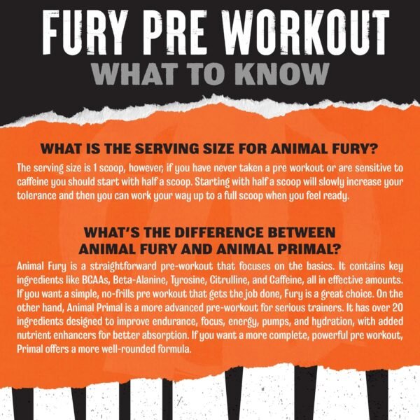 Animal Fury Pre Workout Powder - Energy and Focus Supplement with 5g BCAA, 350mg Caffeine Nitric Oxide Booster with Beta-Alanine, Preworkout for Men and Women, Blue Ice Pop Flavor, 30 Servings - Image 5