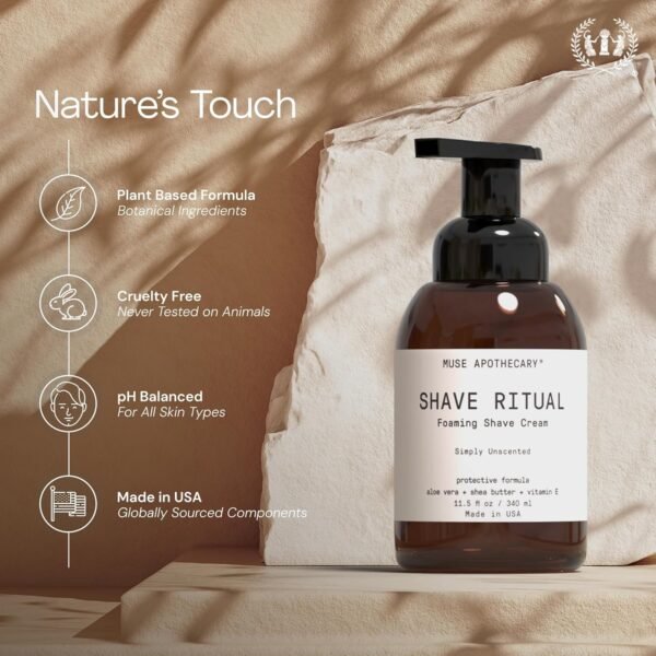 Muse Apothecary Foaming Shave Ritual - Natural Shaving Cream Sensitive Skin - Womens Shaving Cream Mens Shave Cream - Protective Formula Aloe Vera + Shea Butter + Vitamin E - Simply Unscented, 11.5oz - Image 7