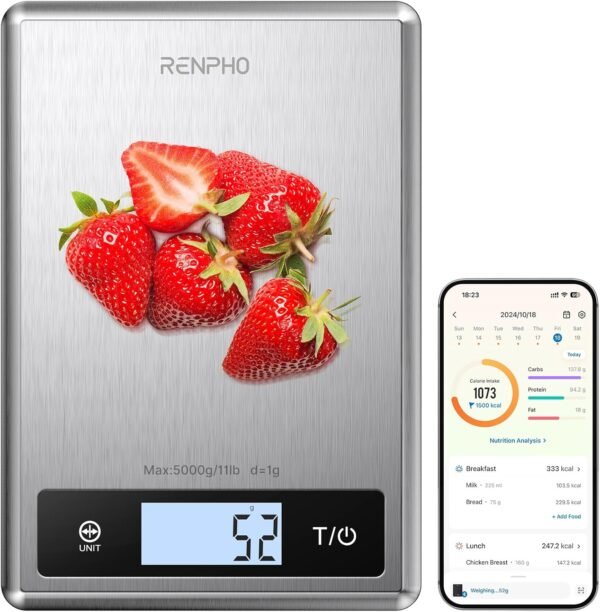 RENPHO Smart Food Kitchen Scale, Food Weight Scale with Nutritional Calculator, Digital Food Scale Grams and Ounces for Weight Loss, Calorie, Macro and Cooking, Stainless Steel - Image 2