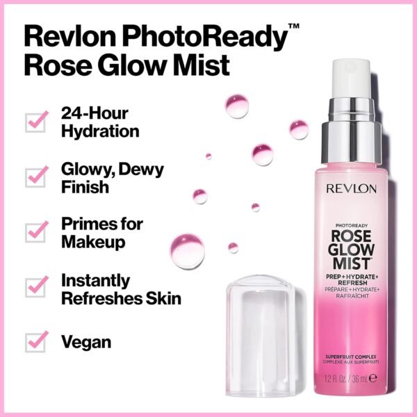 Revlon PhotoReady Rose Glow Mist Face Primer, Prep, Hydrate & Refresh Spray with Sheer Coverage, Infused with Nourishing Oils And Super Fruit Complex, 1.2 fl oz - Image 4