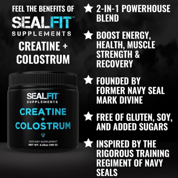 SEALFIT Creatine + Colostrum. Creatine Monohydrate + Grass Fed Bovine Colostrum Powder. 2-in-1 Superfood Supplement for Energy, Strength, Recovery, Immune Support, and Gut Health. for Men & Women. - Image 3