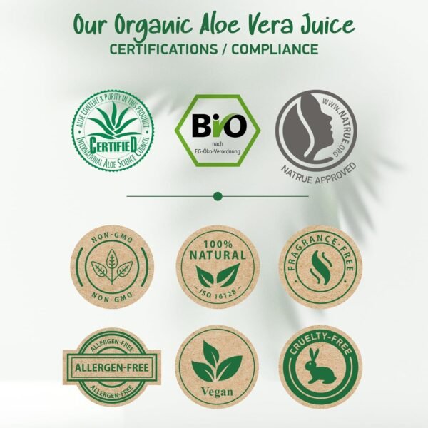 Aloe Vera Gel Organic - Vegan - FROM PURE LEAF JUICE 100% Natural & Pure - Made in Germany - Certified organic according to EU standards - Moisturizer for Face, Skin, Hair, Sunburn relief - Image 7