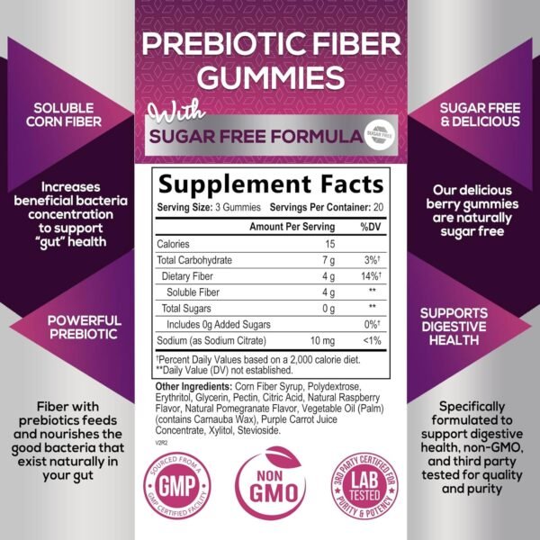 Fiber Supplement Gummies for Digestive Health & Regularity Support, Sugar-Free 4g Fiber Gummy for Adults, Daily Probiotic Supplements, Natural Prebiotic Fiber Gummy, Plant Based - 60 Gummies - Image 3