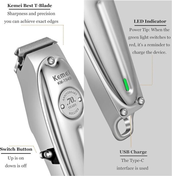 KEMEI Professional Beard and Hair Trimmer for Men, Cordless T-Blade Trimmers, Electric Hair Clippers for Barbers and Stylists, All Body Grooming Model 1949 - Image 4