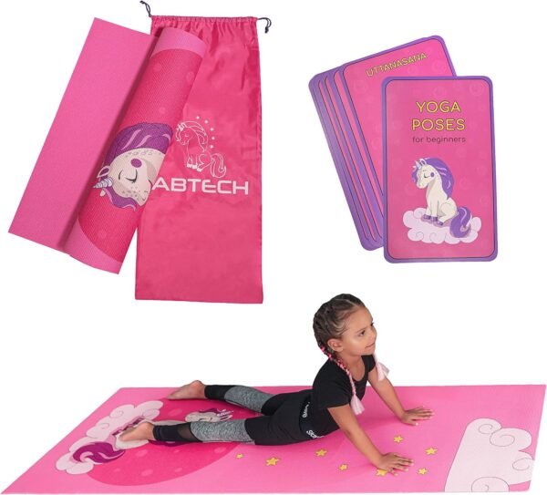 Kids Yoga Mat Set for Boys & Girls - Doll, Unicorn, Mermaid, Panda, Dinosaur and UnderWater - Chemical Free - Non-Toxic - Non-Slip - 60 X 24 X 0.2 Inches - w/ 12 Yoga Cards - Cute Carrier Bag - Ages 3-12 - Image 2