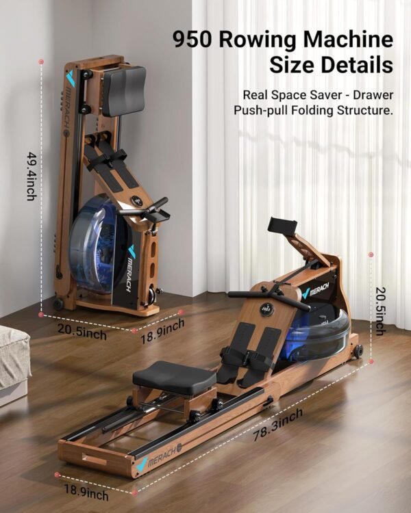 MERACH Foldable Wooden Rowing Machine, Water Electromagnetic Rower Machine for Home Use, Exclusive App Lifetime Membership, Patented Space Saver, MERACH Go Technology, 950 - Image 9