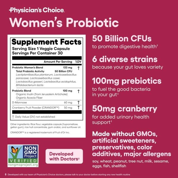 Physician's CHOICE Probiotics for Women - PH Balance, Digestive, UT, & Feminine Health - 50 Billion CFU - 6 Unique Strains for Her - Organic Prebiotics, Cranberry Extract+ - Women Probiotic - 30 CT - Image 6