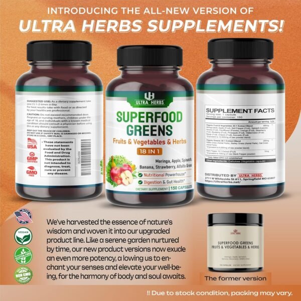 Superfood Greens 18 IN 1 - 18,100mg with Fruits & Vegetables & Herbs -Moringa, Alfalfa, Apple, Spinatch, Banana, Strawberry- Boost Energy, Immunity and Gut Health (150-day supply (pack of 1)) - Image 7