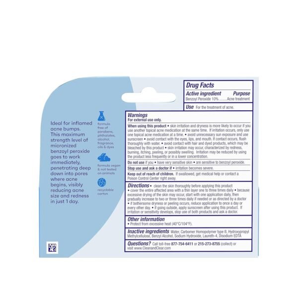 Clean & Clear Persa-Gel 10 Oil-Free Acne Spot Treatment with Maximum Strength 10% Benzoyl Peroxide, Topical Pimple Cream & Acne Gel Medication for Face Acne, Fragrance-Free, 1 fl. oz, 4 Pack - Image 10