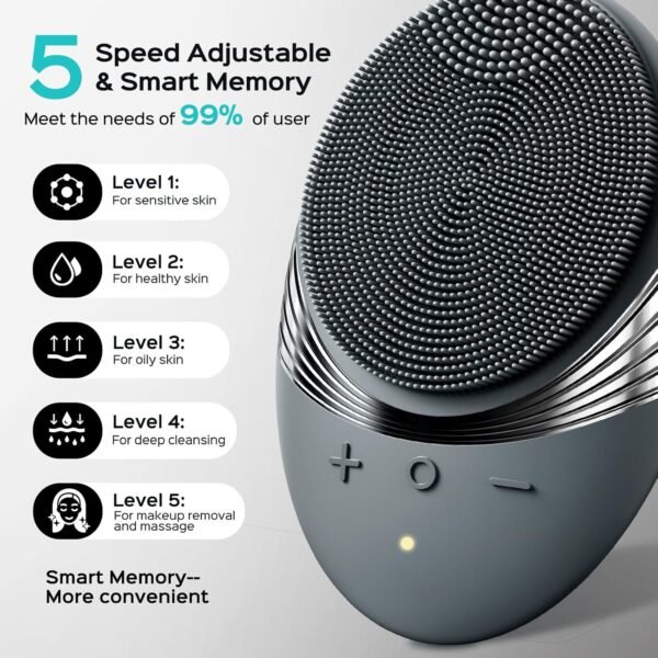 Face Scrubber Facial Cleansing Brush : COSLUS Portable Silicone Waterproof Rechargeable Face Wash Brush, 5 Cleansing Modes, Electric Deep Cleaning for Men & Women, Removing Blackhead, Exfoliating - Image 4