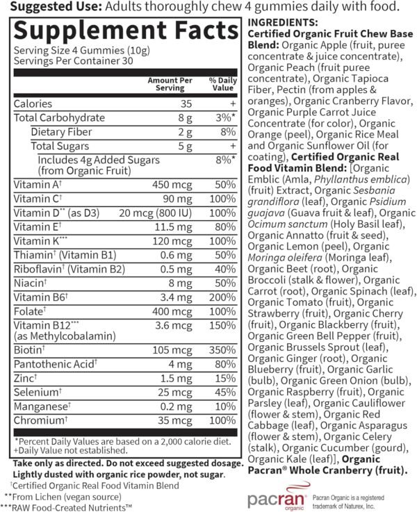 Garden of Life Organics Women's Gummy Vitamins - Berry - Certified Organic, Non-GMO, Vegan, Kosher Complete Multi - Methyl B12, C & D3 - Gluten, Soy & Dairy Free, 120 Real Fruit Gummies - Image 6