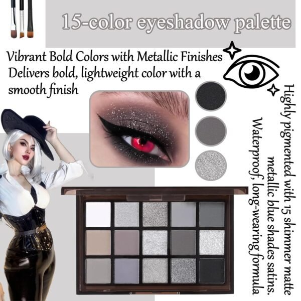 Black Grey Smoky Eyeshadow Palette,15 Colors Matte Shimmer Pigmented Eye Shadow Makeup Palette Set with 3 Eyeshadow Brushes,Glitter Eyeshadow Makeup Palette for Daily Halloween Goth Makeup(A) - Image 4