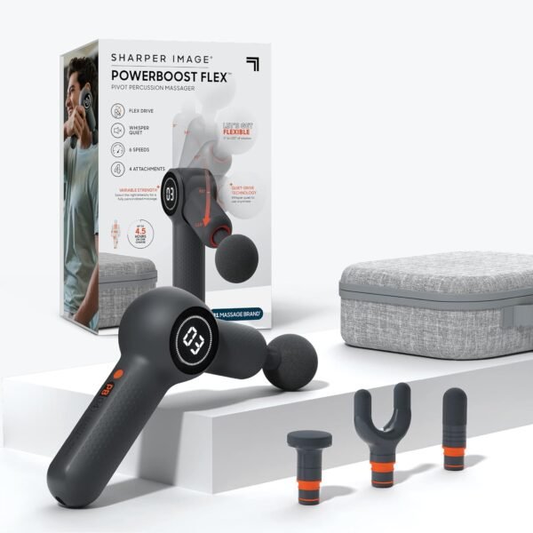 Sharper Image Powerboost Flex Percussion Massager, 120° Pivot Massage Gun, 6 speeds, 4 Attachments, Neck Back & Full Body Massage, Compact Pain Relief, Portable Athlete Muscle Recovery, Gifts for Men - Image 2