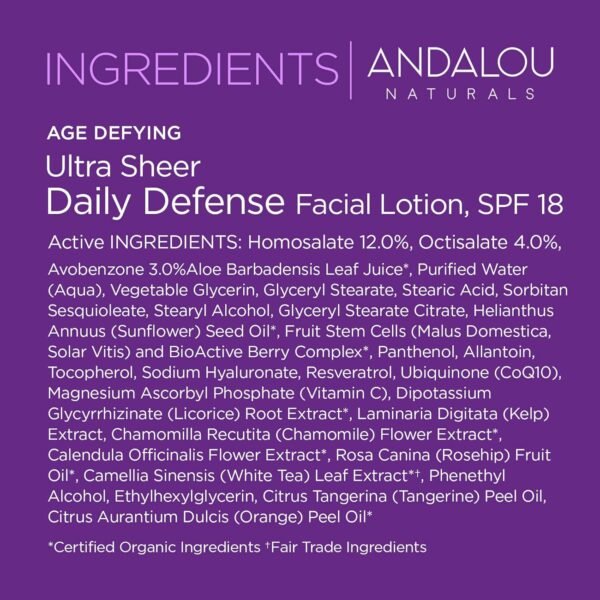 Andalou Naturals Ultra Sheer Daily Defense Facial Lotion, SPF 18, 2.7 oz, with Resveratrol CoQ10 and Antioxidants, Lightweight, Hydrating Facial Moisturizer - Image 9