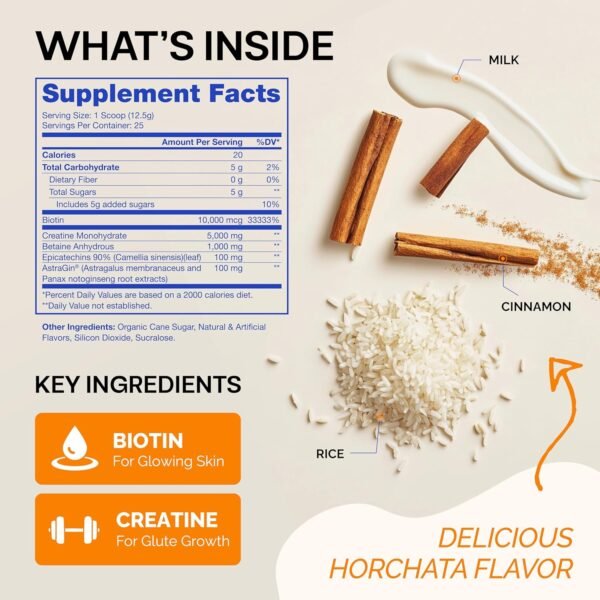 Glute Y Glow, Creatine for Women 2-in-1 Booty & Beauty Elixir W/Creatina para Glúteos┃Supports Faster Hair Growth, Stronger Nails & Glowing Skin - Horchata Flavor - Image 3