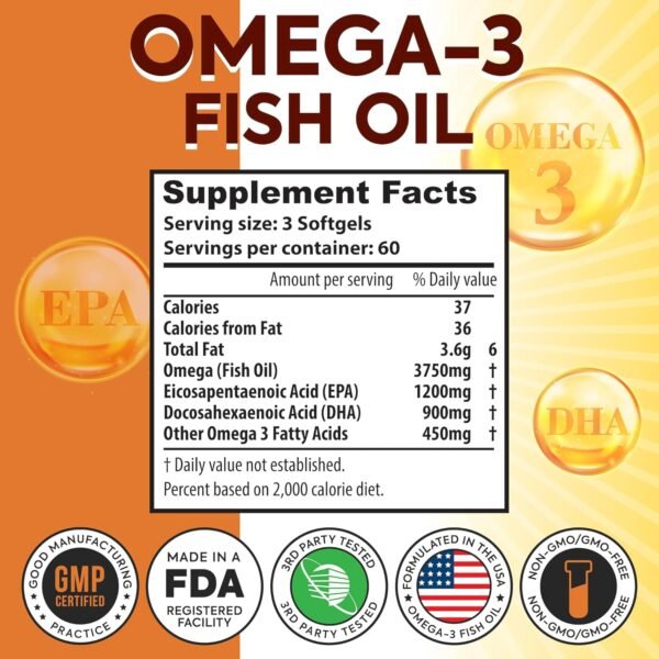 Omega 3 Fish Oil 3750mg Triple Strength | EPA 1200mg + DHA 900mg Fatty Acids | Fish Oil Omega 3 Supplement | Promotes Healthy Heart, Immune System, Eyes, Skin & Brain Function | 180 Burpless Softgels - Image 6