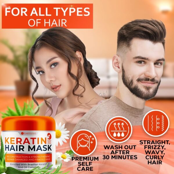 Keratin Hair Mask - Sulfate Free Hydrating Deep Conditioner Treatment for Dry, Damaged and Split Ends - Moisture for Frizzy and Curly Hair - For Women and Men - Moisturizer Care to Repair Damage - Image 6