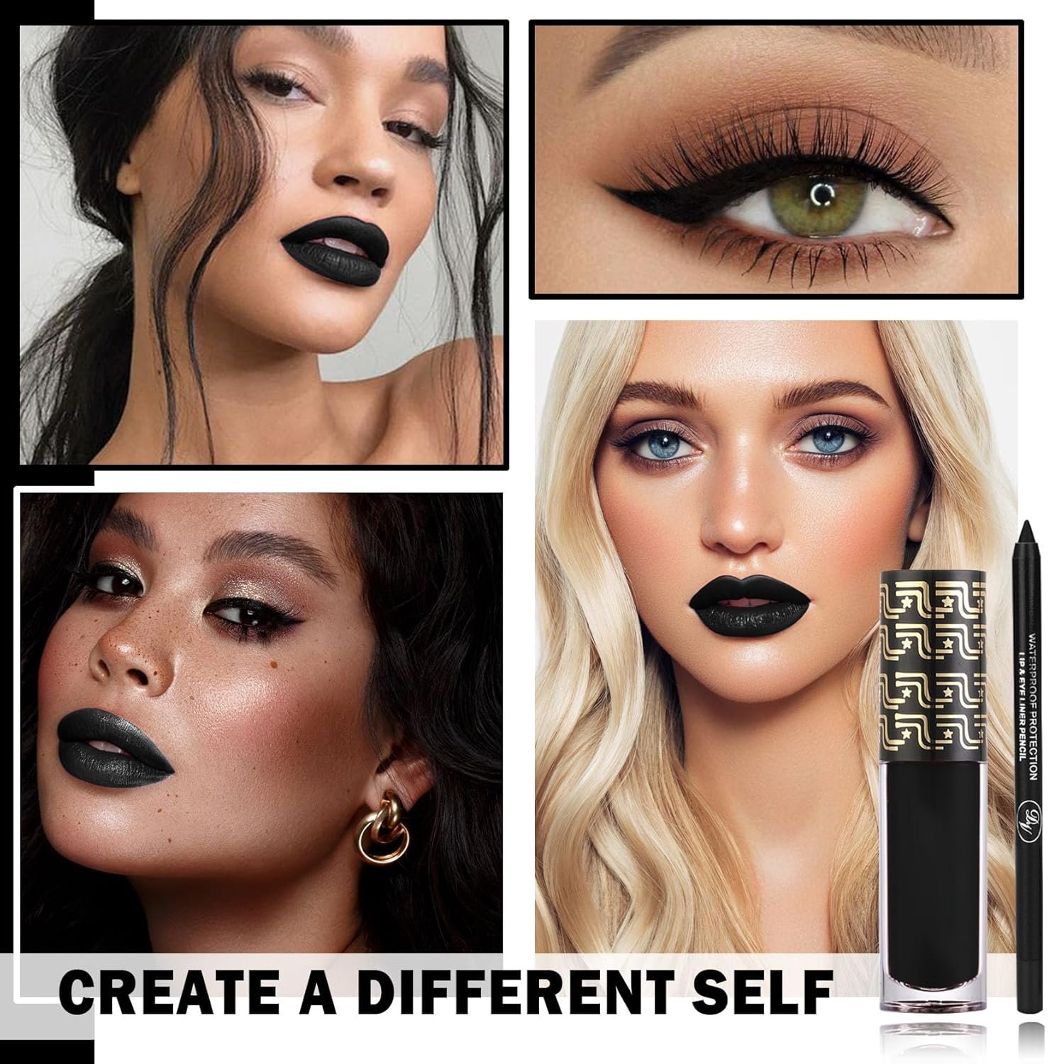 CAHIUYOA 2PCS Black Matte Lipstick Lip Liner Makeup Set,Liquid Black Lipstick Lip Gloss Lip Stain Waterproof Long Lasting,Black Lip Liner and Lipstick Set for Halloween Cosplay Goth Makeup - Image 8