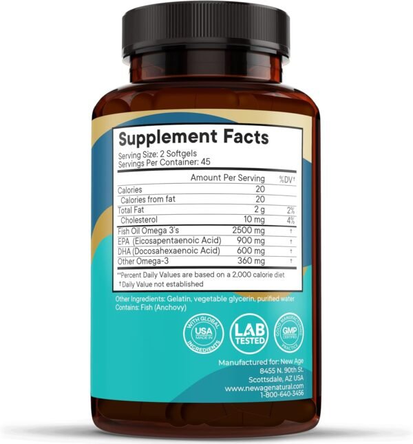 NEW AGE Omega 3 Fish Oil 2500mg Supplement Immune & Helath Support – Promotes Joint, Eye & Skin Health - Non GMO - EPA, DHA Fatty Acids Gluten Free (180 Softgels (Pack of 2)) - Image 8