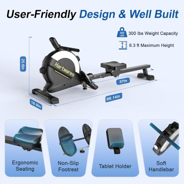 Rowing Machines for Home,Hartwares Magnetic Rowing Machine with 77lbs High Resistance Rowing Machine,16 Levels of Quiet Resistance,Rower Machine for Home Row Machine,App Compatible,LCD Monitor - Image 6