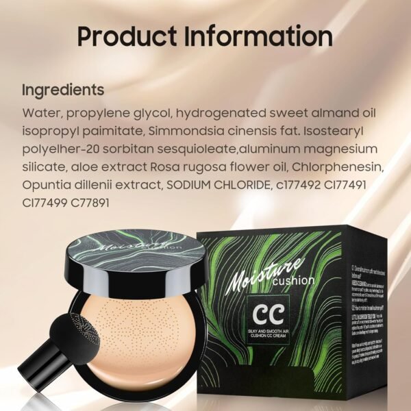 Mushroom Head Air Cushion CC Cream - BB Cream Foundation Makeup Moisturizing Concealer Long Lasting Waterproof With Powder Puff, Even Skin Tone (Nude, Pack of 1) - Image 10