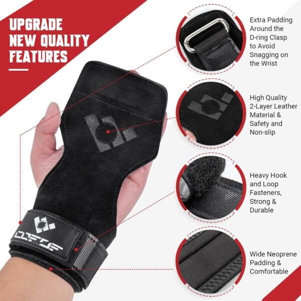 Weight Lifting Wrist Strap,Double Layer Leather Weightlifting Wrist Strap for Deadlift and Powerlifting, Adjustable Neoprene Padded Gym Workout Lifting Wrist Hooks for Men/Women(Pair) - Image 3