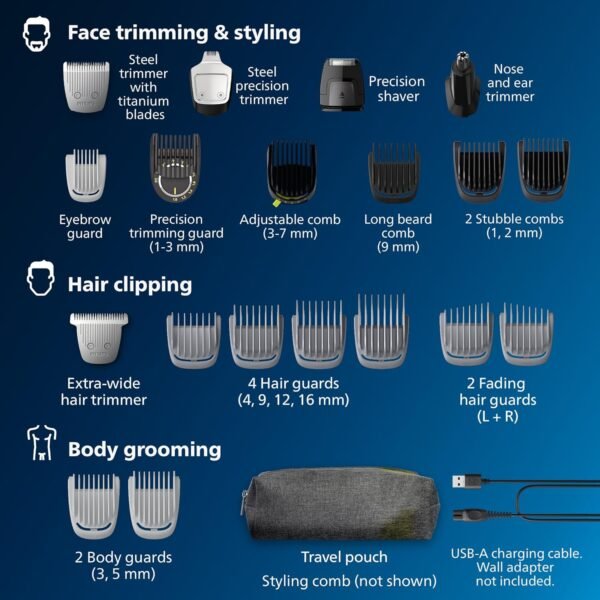 Philips Norelco Multigroom 7000 Series, All-in-One Trimmer, Beard Trimmer and Hair Clipper, 23-Piece Men's Grooming Kit for Beard, Face, Nose, Ear, Body, with Titanium Blades, Travel Pouch, MG7970/49 - Image 3
