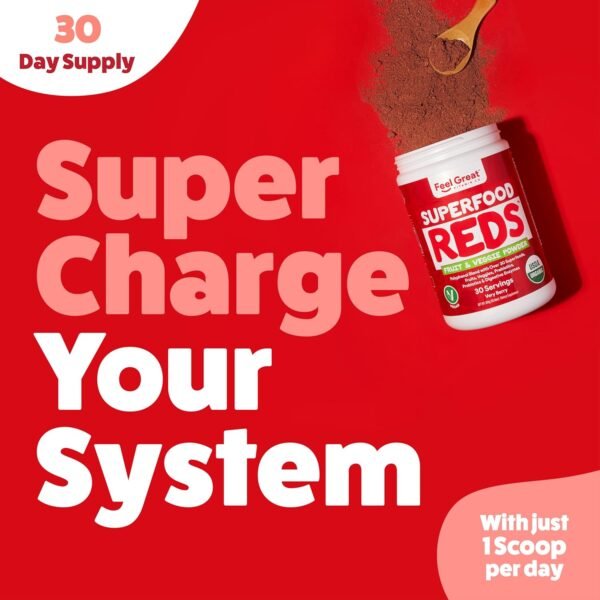 ​Feel Great Organic Superfood Reds Powder Packed with Beet Root Powder | Digestive Support Including Bloating Relief | Fruit and Veggie Polyphenols Supplement. - Image 7