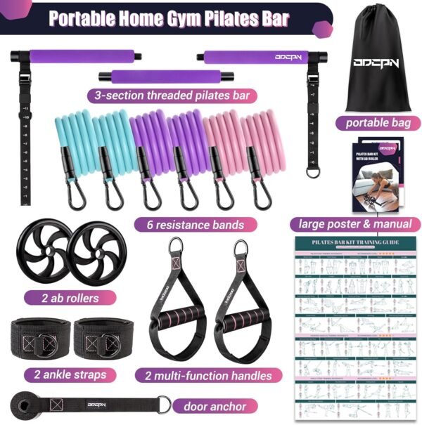 Pilates Bar Kit with Resistance Bands, Multifunctinal Exercise Bar with Ab Roller for Pilates/Abs/Weight Loss, Portable Home Gym Pilates bar kit for Full Body Training Women - Image 8