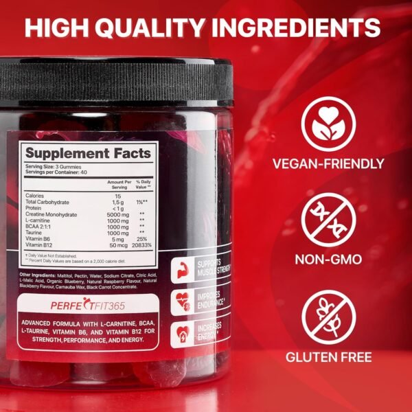 Creatine Monohydrate Gummies Complex 8000mg with L-Carnitine & Taurine, Flavored Creatine for Women and Men with Raspberry, Blueberry & Blackberry Taste, Pre Workout Gummies for Men and Women - 120pcs - Image 7