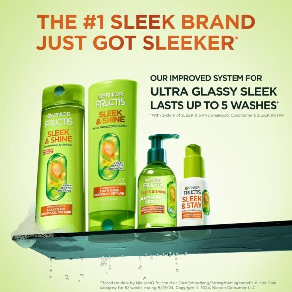 Garnier Fructis Sleek & Shine Shampoo, Conditioner + Anti-Frizz Serum Set for Frizzy, Dry Hair, Argan Oil (3 Items), 1 Kit (Packaging May Vary) - Image 4