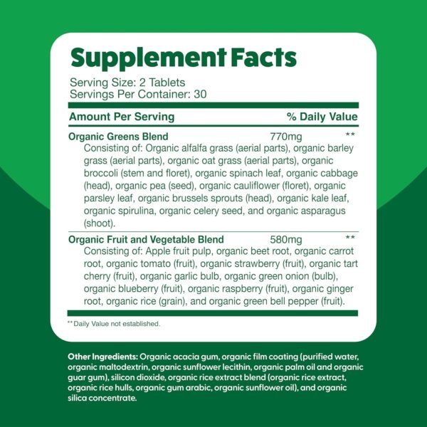 Feel Great Vitamins Super Greens Tablets | Organic Greens, Fruits and Veggies Supplement | Fruit and Veggie Supplement with Kale, Spinach Extract, Green Onion, and More, 60 Tablets - Image 7