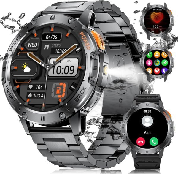 Military Smart Watches for Men(Answer/Make Calls) with LED Flashlight,530mAh Large Battery,1.43’’ AMOLED Fitness Tracker Heart Rate/SpO2/Sleep Monitor 5ATM Smartwatch for Android iOS,100+Sport Modes - Image 2