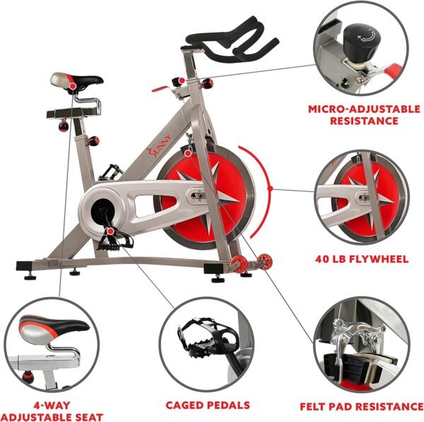 Sunny Health & Fitness Pro Cycling Stationary Bike, 40 LB Flywheel & 4-Way Adjustable Seat for Home Exercise & Indoor Cycle/Cardio Workout, Optional Free SunnyFit App Bluetooth Connection - Image 4