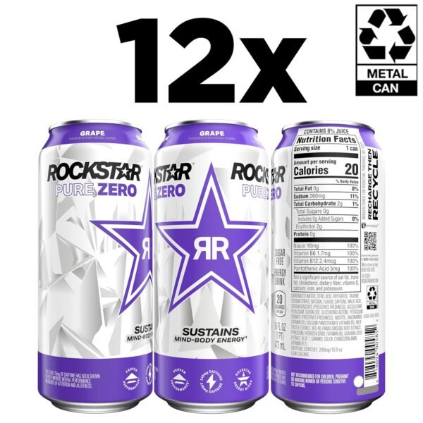 Rockstar Pure Zero Energy Drink, Grape, 0 Sugar, with Caffeine and Taurine, 16oz Cans (12 Pack) (Packaging May Vary) - Image 3