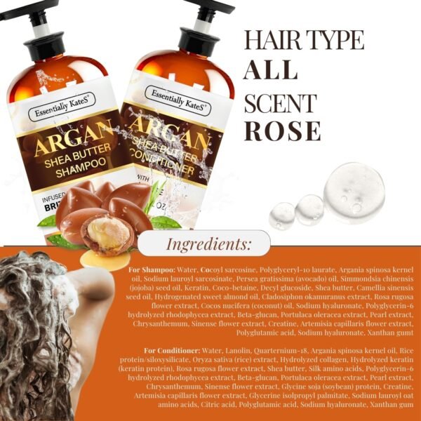Argan Shea Butter Shampoo and Conditioner Infused with Rose Extract 16 Fl Oz Set, Pack of 2 - Long Lasting Moisturizing Effect - Curly and Wavy Hair - Image 4
