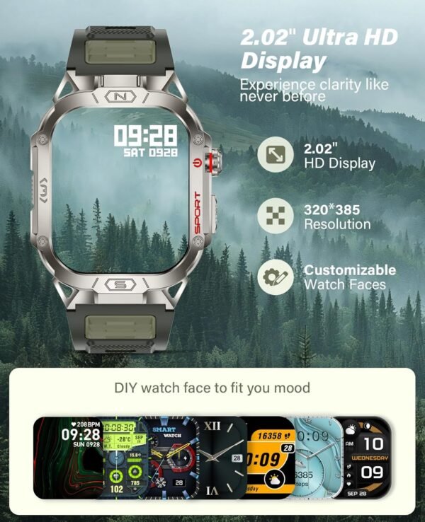 SOUYIE Smart Watch for Men with LED Flashlight, 2.02" HD Display Rugged Outdoor Sport Smartwatch with Compass/Altimeter/Barometer, Waterproof Fitness Tracker, Heart Rate Sleep Monitor for iOS Android - Image 5
