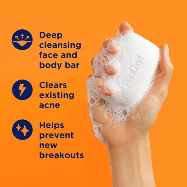 PanOxyl Acne Treatment Bar with 10% Benzoyl Peroxide, Maximum Strength Bar Soap for Face, Chest and Back, Benzoyl Peroxide Soap Body Wash, Vegan, For Acne Prone Skin, 4 oz - Image 4