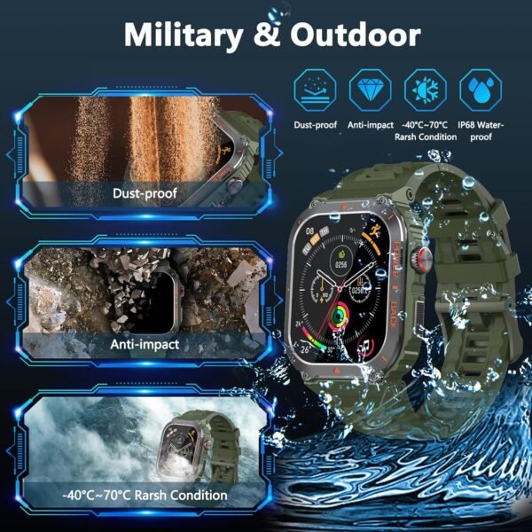 Military Smart Watch with GPS(Answer/Make Call), Waterproof Fitness Tracker Smartwatches with Health Monitor, Compass/Altitude/Air Pressure,100+ Sport Modes, for Android/iPhone (with GPS, Green) - Image 8