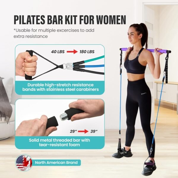 Upgraded Pilates Bar Kit – 39” Adjustable Exercise Equipment for Men, Women with 6X 20, 30, 40 lbs Resistance Bands with Adjustment Buckle – Pilates Equipment for Home Workouts for All Fitness Levels - Image 3